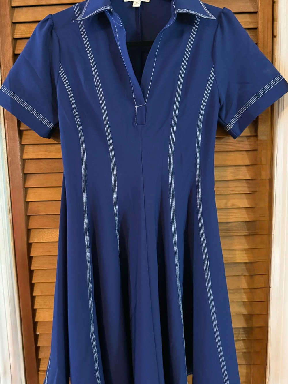 She + Sky Navy Fit-and-Flare Dress with White Stitching